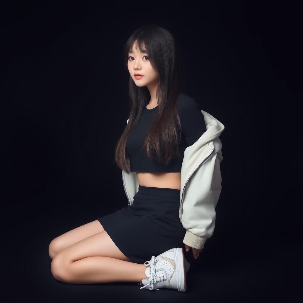 A beautiful Korean woman wearing a cropped black t-shirt layered with a cropped white jacket, short black skirt, and sneakers, sitting sideways on the floor while glancing forward