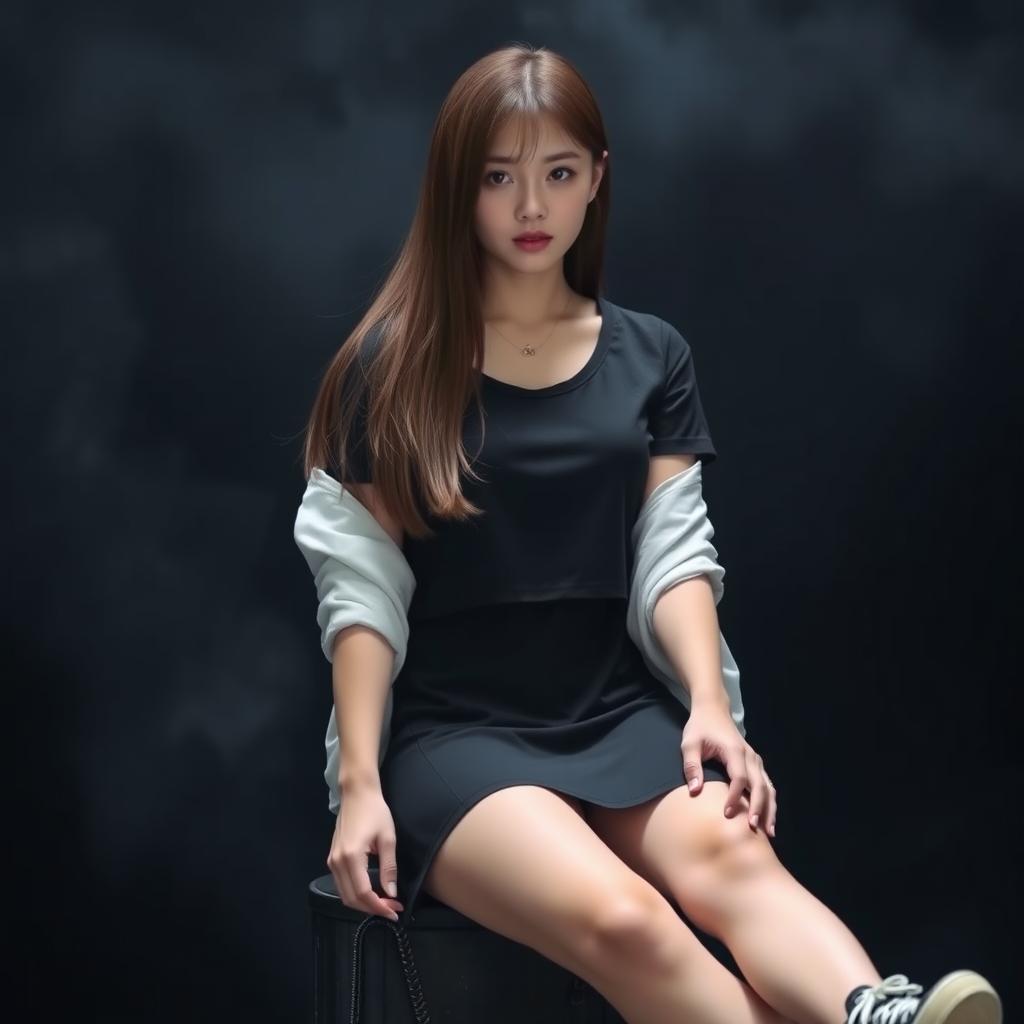 A beautiful Korean woman wearing a cropped black t-shirt layered with a cropped white jacket, paired with a short black skirt and sneakers