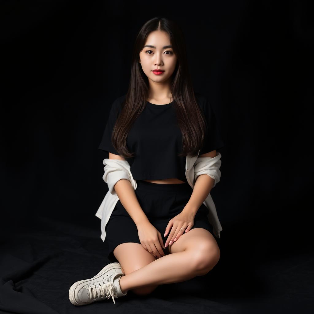 A beautiful Korean woman wearing a cropped black t-shirt layered with a cropped white jacket, short black skirt, and sneakers, sitting facing forward
