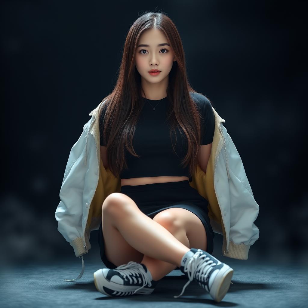 A beautiful Korean woman wearing a cropped black t-shirt layered with a cropped white jacket, short black skirt, and sneakers, sitting facing forward