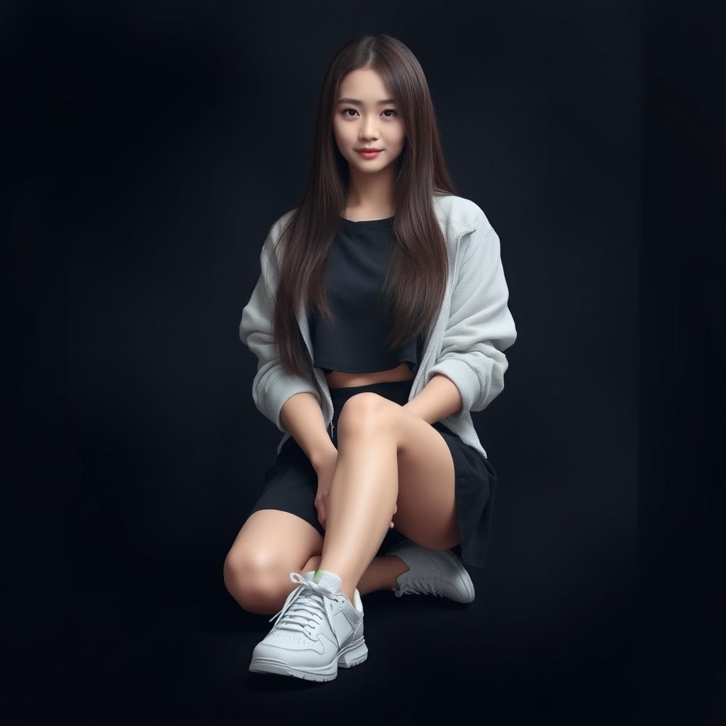 A beautiful Korean woman wearing a cropped black t-shirt layered with a cropped white jacket, a short black skirt, and sneakers, sitting facing forward