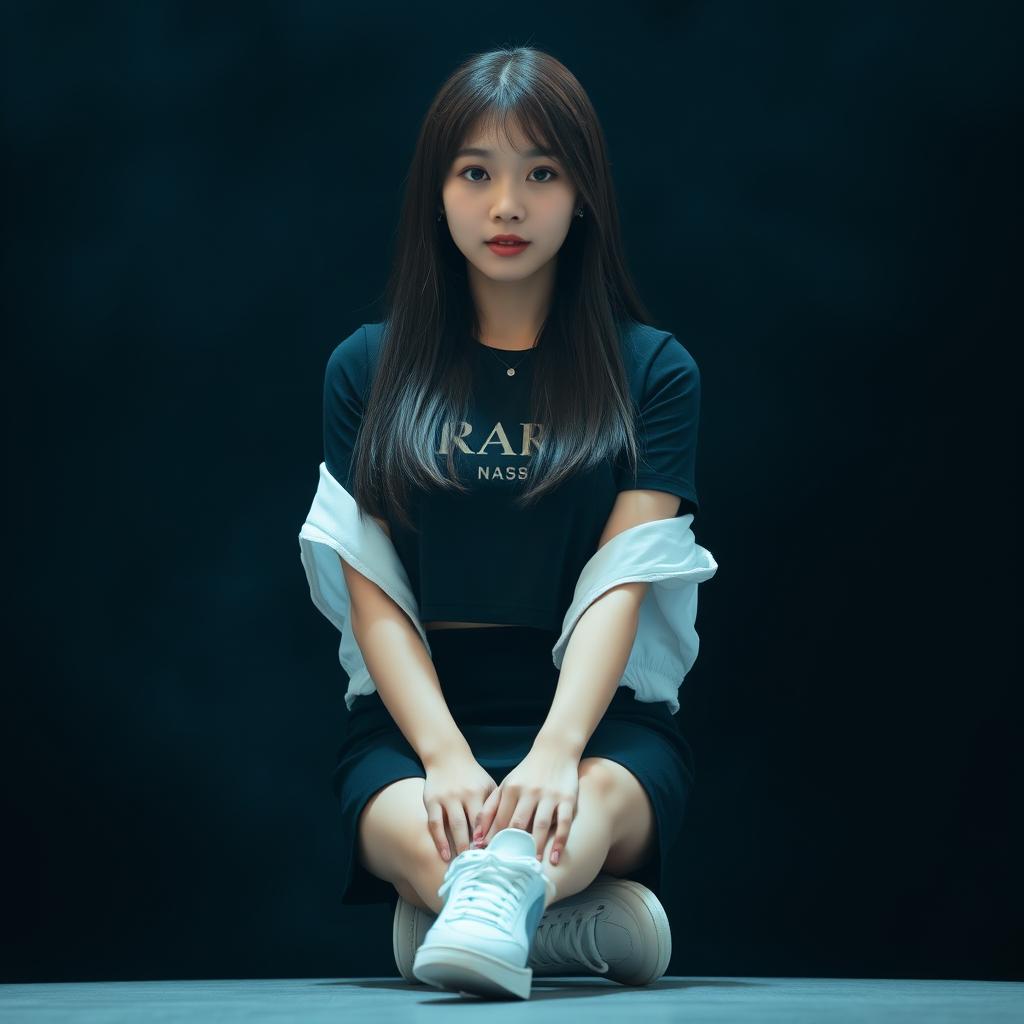 A beautiful Korean woman wearing a cropped black t-shirt layered with a cropped white jacket, a short black skirt, and sneakers, sitting facing forward