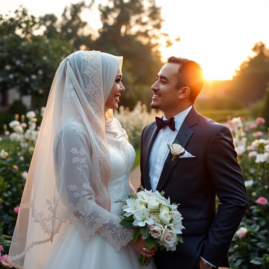 A beautiful scene depicting a bride and groom celebrating their wedding day, the bride is wearing a stunning hijab adorned with intricate embroidery and delicate floral patterns