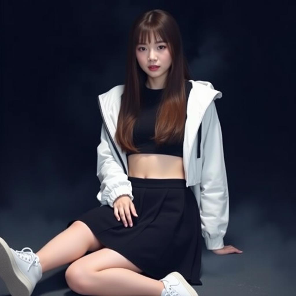 A beautiful Korean woman wearing a cropped black t-shirt layered with a cropped white jacket, a short black skirt, and sneakers