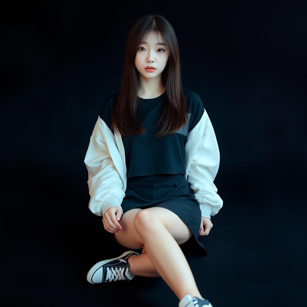 A beautiful Korean woman wearing a cropped black t-shirt layered with a cropped white jacket, paired with a short black skirt and sneakers