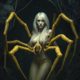 A half-woman half-spider creature, resembling an arachnid, in muted yellow tones, with long light blonde hair