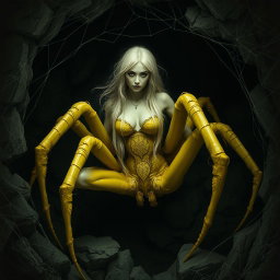 A half-woman half-spider creature, resembling an arachnid, in muted yellow tones, with long light blonde hair