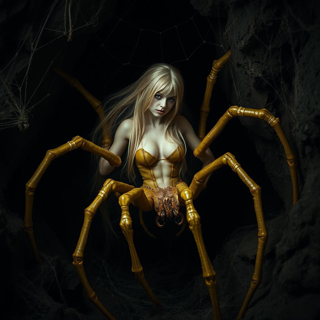A half-woman half-spider creature, resembling an arachnid, in muted yellow tones, with long light blonde hair