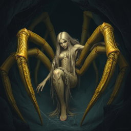 A gigantic half-woman half-spider creature, resembling an arachnid, in muted yellow tones, with long light blonde hair