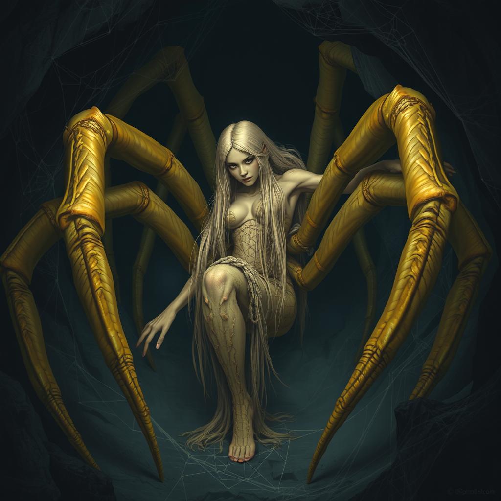 A gigantic half-woman half-spider creature, resembling an arachnid, in muted yellow tones, with long light blonde hair