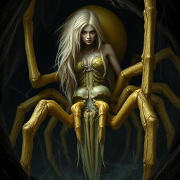 A gigantic half-woman half-spider creature, resembling an arachnid, in muted yellow tones, with long light blonde hair