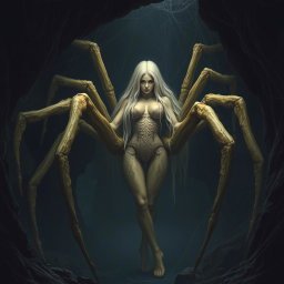 A gigantic half-woman half-spider creature, resembling an arachnid, in muted yellow tones, with long light blonde hair