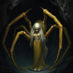A gigantic half-woman half-spider creature, resembling an arachnid, in muted yellow tones, with long light blonde hair