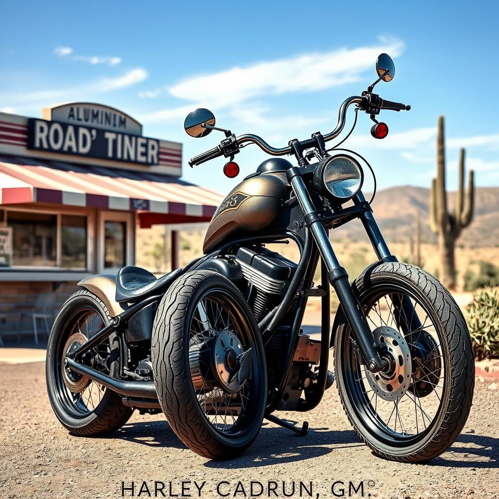 A stunning Steampunk style Harley Davidson custom chopper, featuring a detailed girder front end, parked on its side stand