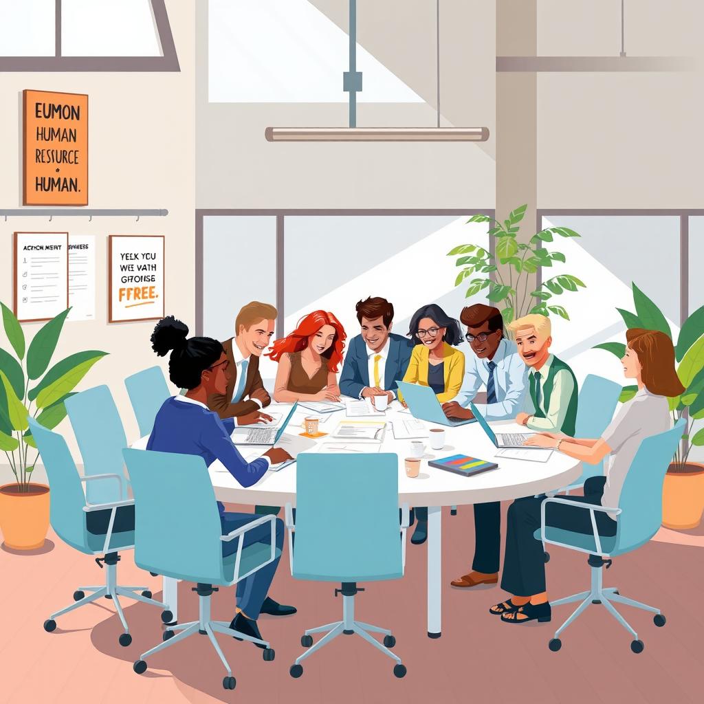 A vibrant and engaging illustration depicting a diverse group of human resource professionals collaborating in a modern office environment