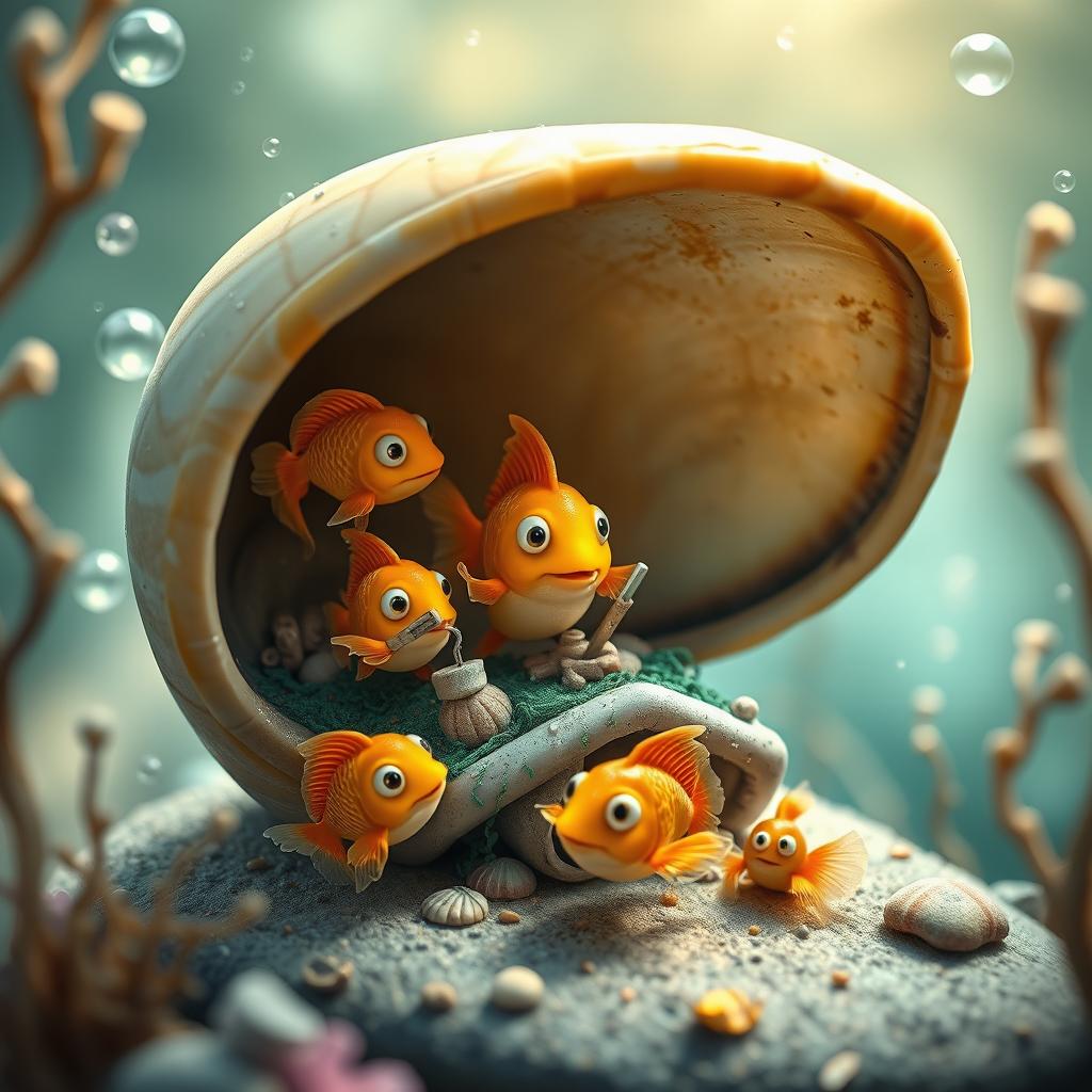 A whimsical scene featuring several goldfish building a house inside a cozy snail shell