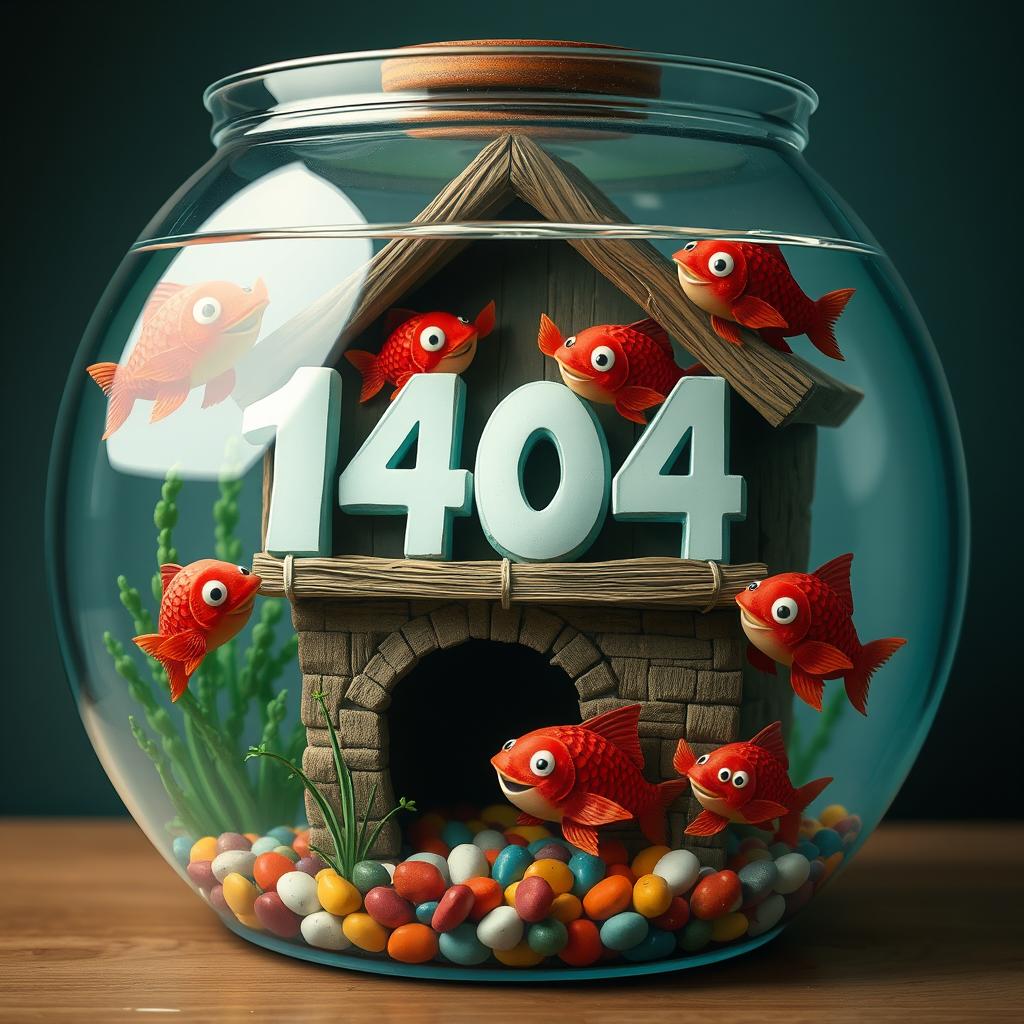 A whimsical scene featuring several red fish constructing a cozy home inside a large fish tank