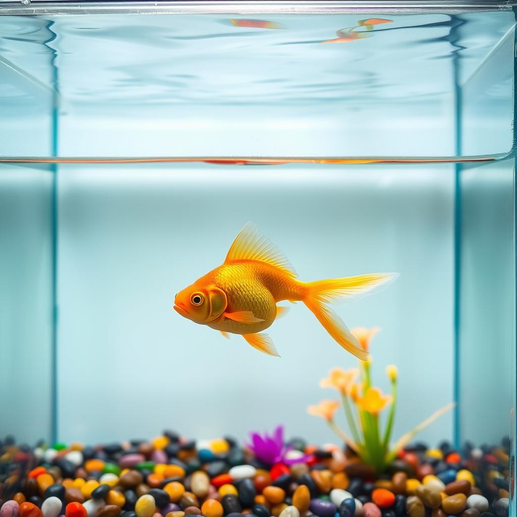 A large glass fish tank filled with crystal clear water and a single beautiful goldfish swimming gracefully