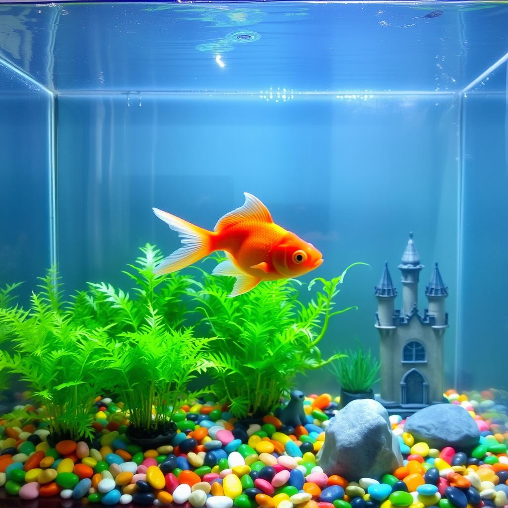 A large fish tank filled with clear water featuring a vibrant red goldfish swimming gracefully