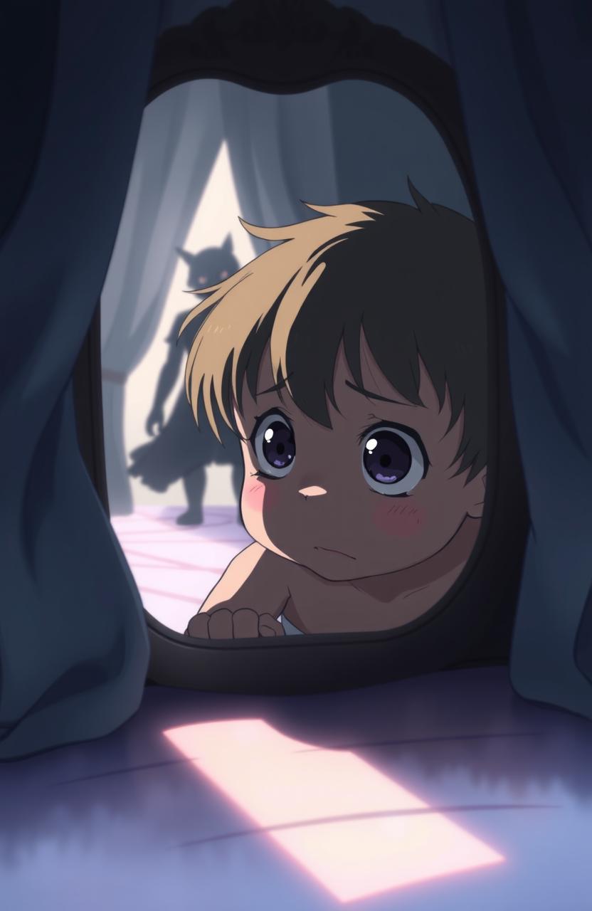 An anime scene featuring a small child gazing into a mirror with a look of fear and curiosity on their face