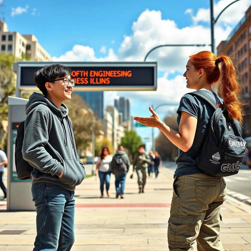 Two engineering students engaged in a lively conversation at a bus stop
