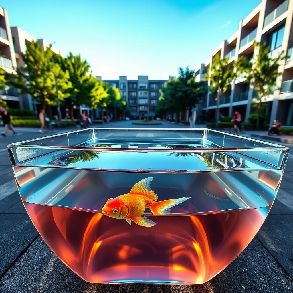 A square water bowl containing a vibrant goldfish, situated in a modern residential neighborhood with sleek buildings and greenery