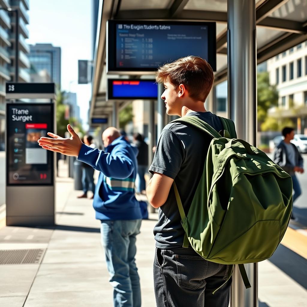 Two boy engineering students engaged in a lively conversation at a bus stop, captured from a side angle that does not show their faces