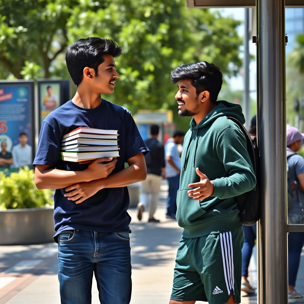 Two teenage Indian engineering students engaged in a lively conversation at a bus stop, captured from a side angle that does not show their faces