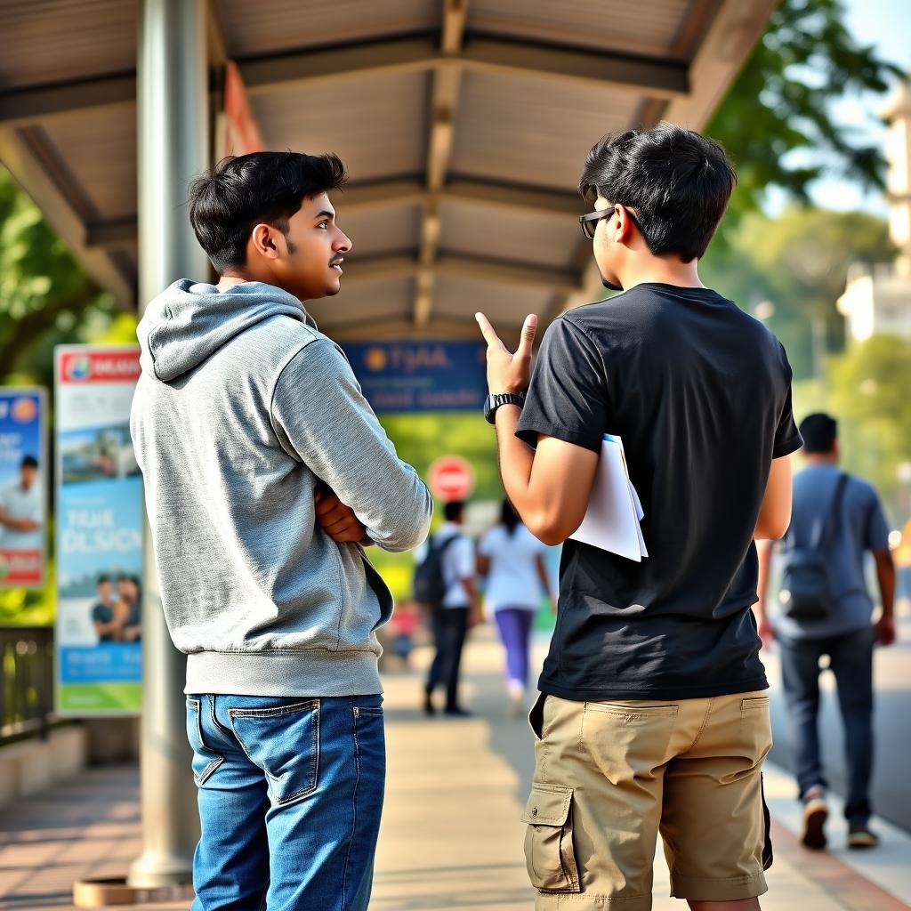 Two teenage Indian engineering students conversing animatedly at a bus stop, depicted from behind to emphasize their back poses while not showing their faces