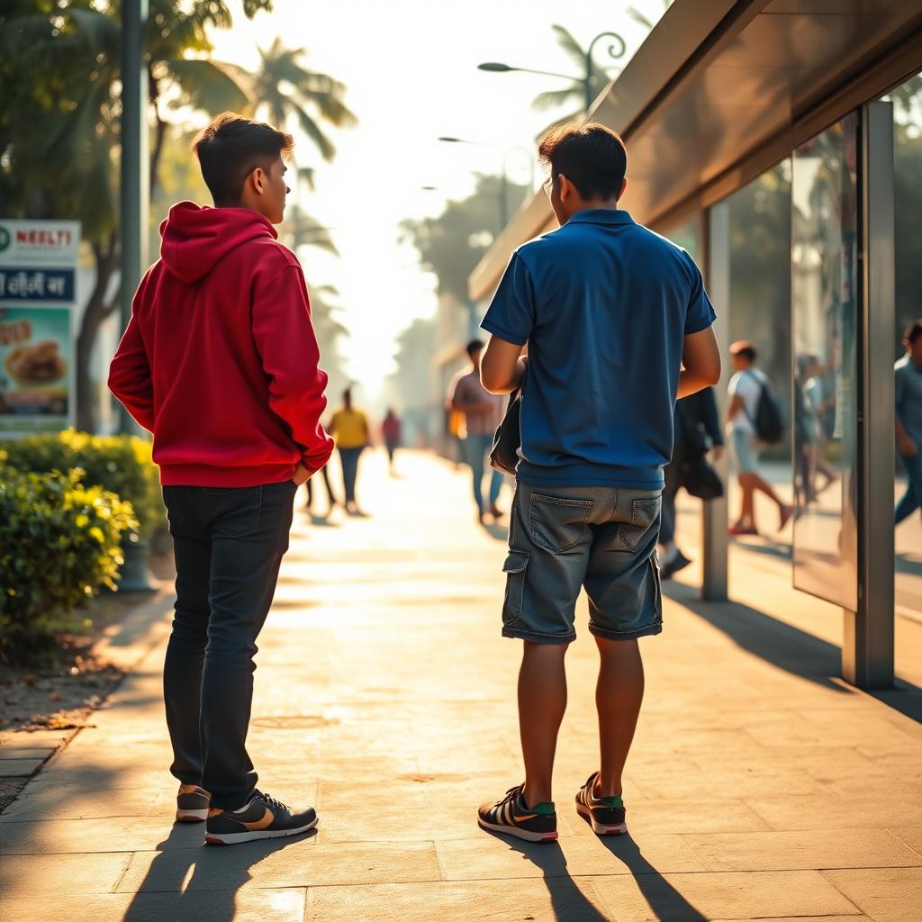 Two teenage Indian engineering students conversing animatedly at a bus stop, captured from behind to emphasize their back poses while not showing their faces