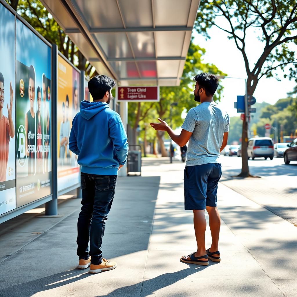 Two teenage Indian engineering students engaged in conversation at a bus stop, depicted from behind to showcase their full backs without revealing their faces