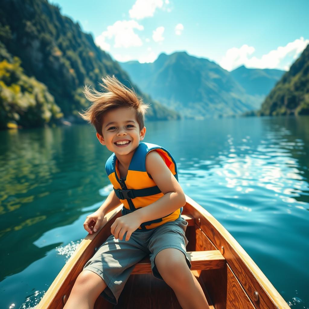A boy joyfully riding in a small wooden boat on a serene lake, surrounded by lush greenery and beautiful mountains in the background