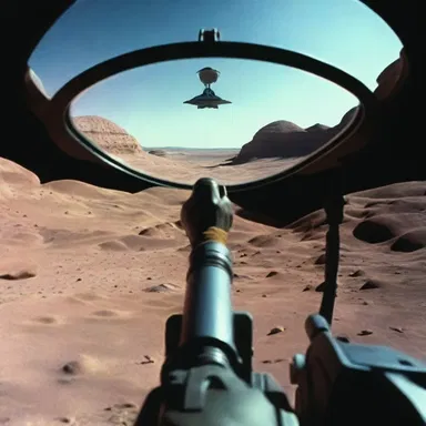 The spaceship's viewfinder utilized an anamorphic lens system, distorting the alien landscape into an otherworldly vision.