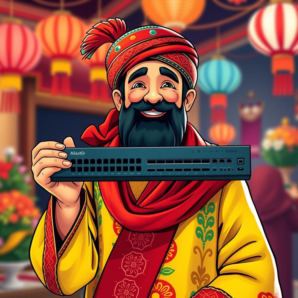 An artistic representation of Hajji Firuz, a traditional Iranian character, holding a Cisco switch in his hand