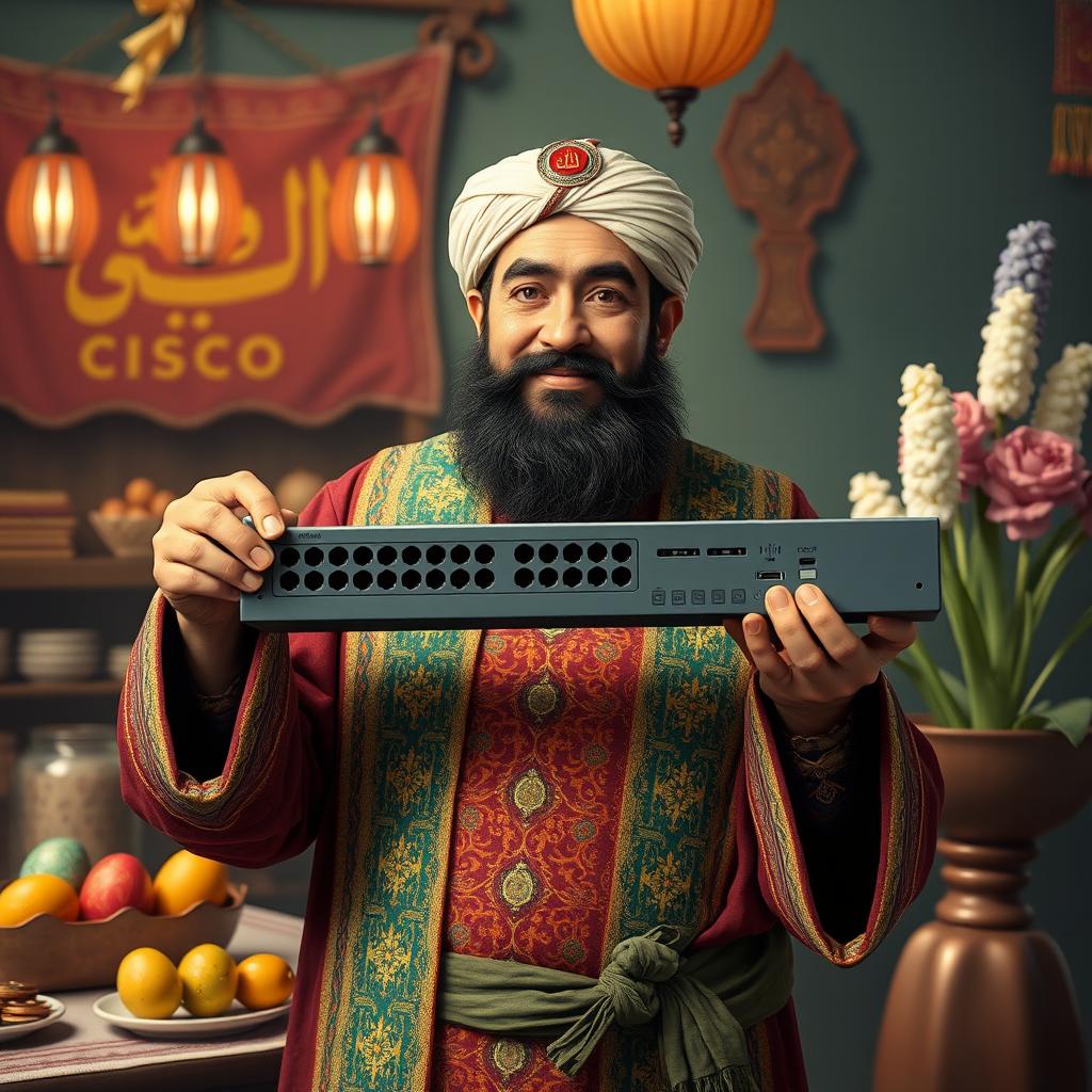 A realistic depiction of Hajji Firuz, a traditional Iranian character associated with the Nowruz festival, holding a Cisco switch in his hand
