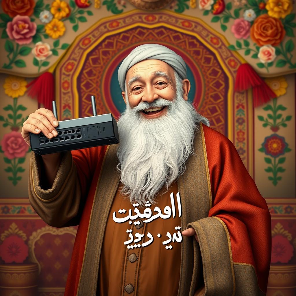 A realistic depiction of a joyful old man resembling the traditional character Hajji Firouz, with a white beard, holding a Cisco switch in one hand