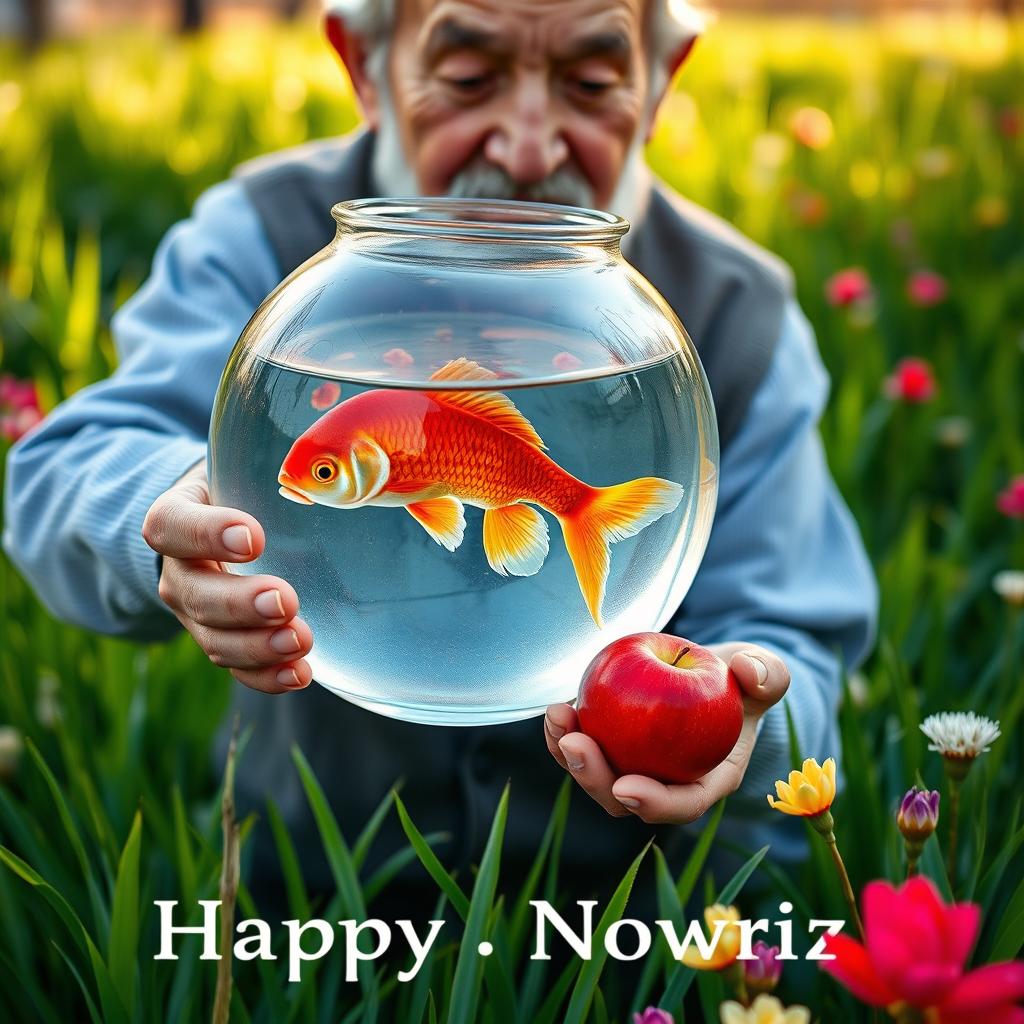 An elderly man holding a fishbowl with a vibrant, swimming fish inside, in his other hand a shiny red apple, surrounded by lush green grass representing the celebration of Nowruz (Persian New Year)