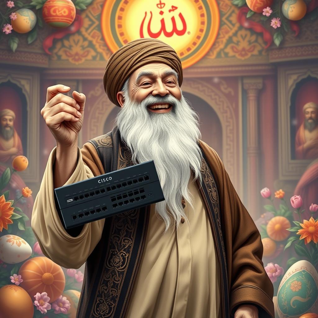 A realistic depiction of a traditional figure resembling Hajji Firouz, an elderly man with a white beard, joyfully holding a Cisco switch in his hand
