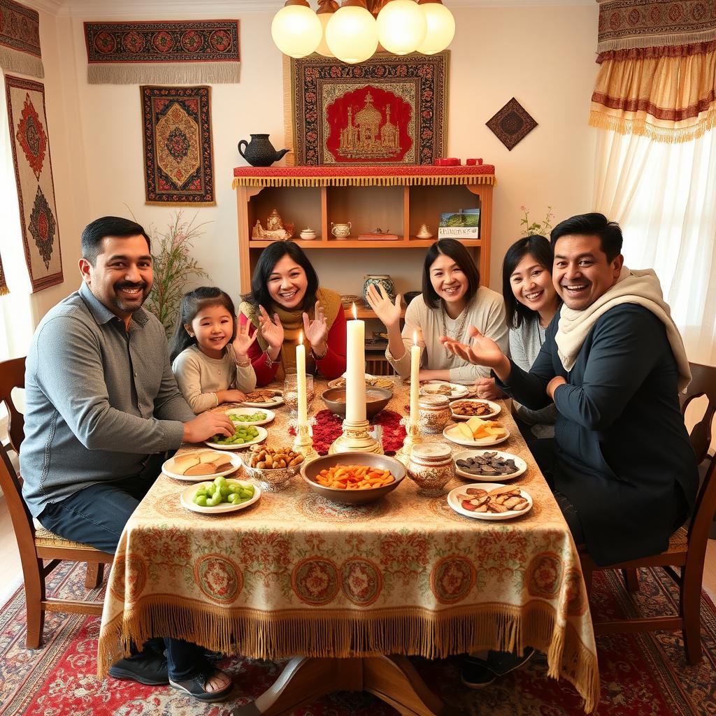 A warm and inviting family scene gathered around the traditional Haft-Seen table, filled with symbolic items representing prosperity and hope for the upcoming year