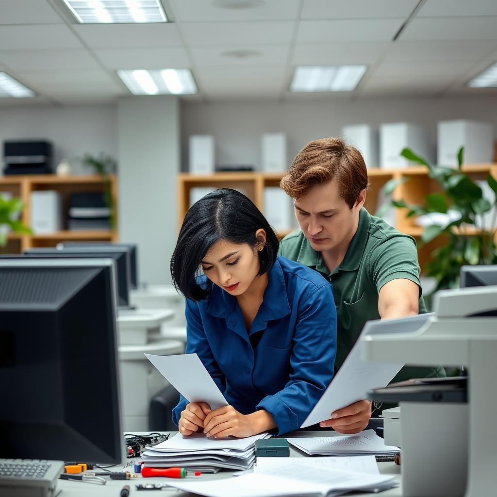 A serene office interior scene featuring employees engaged in maintenance and care tasks