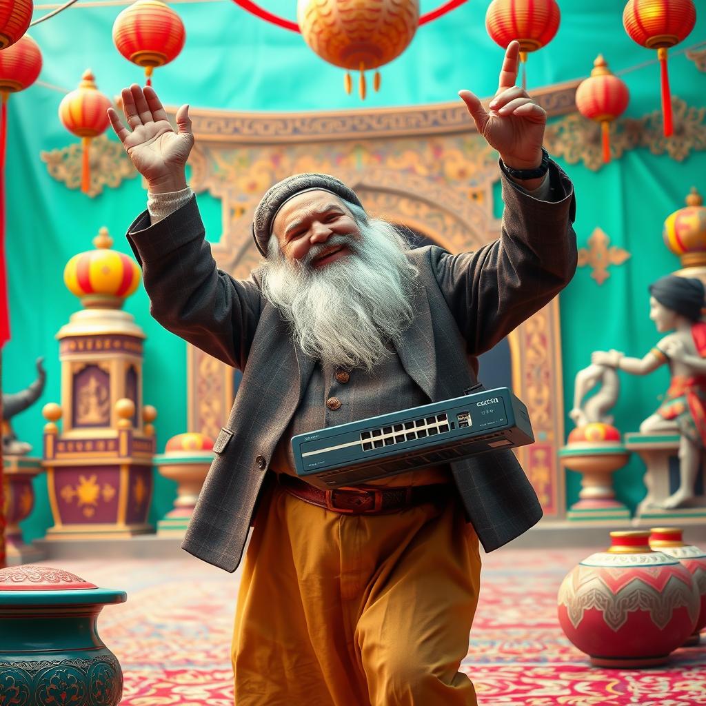 A festive scene featuring Haji Firouz, an elderly man with a white beard, joyfully dancing with a Cisco switch in his hand