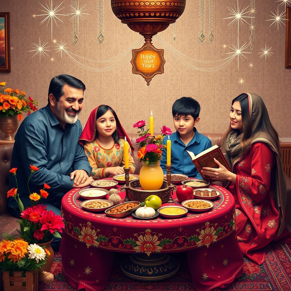 An Iranian family gathered around a traditional Haft-Seen table, celebrating Nowruz (Persian New Year)