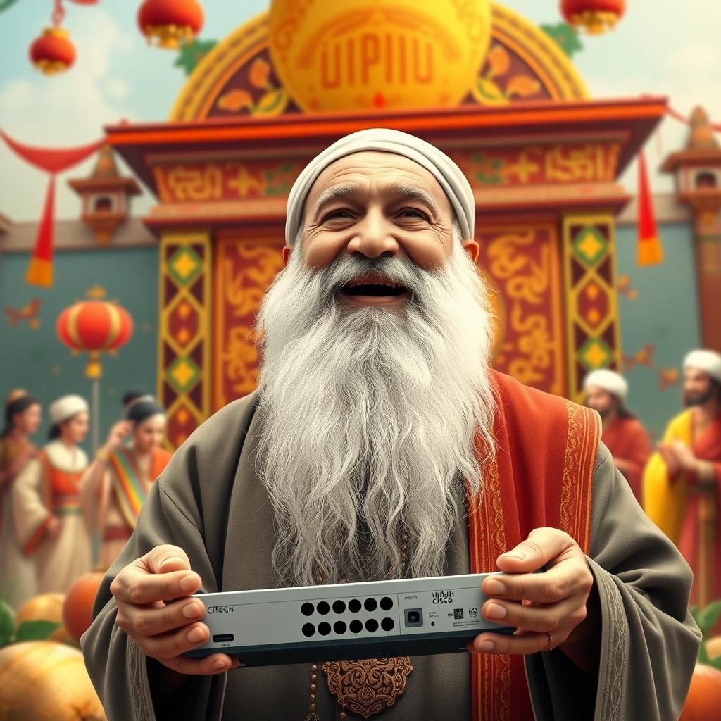 A realistic depiction of Haji Firuz, an elderly man with a white beard, joyfully holding a Cisco switch in his hands