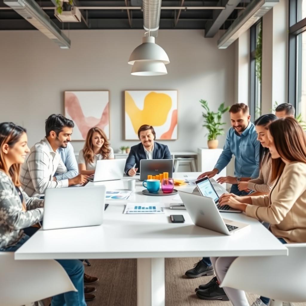 A dynamic office environment showcasing a diverse group of employees collaborating and brainstorming around a modern meeting table