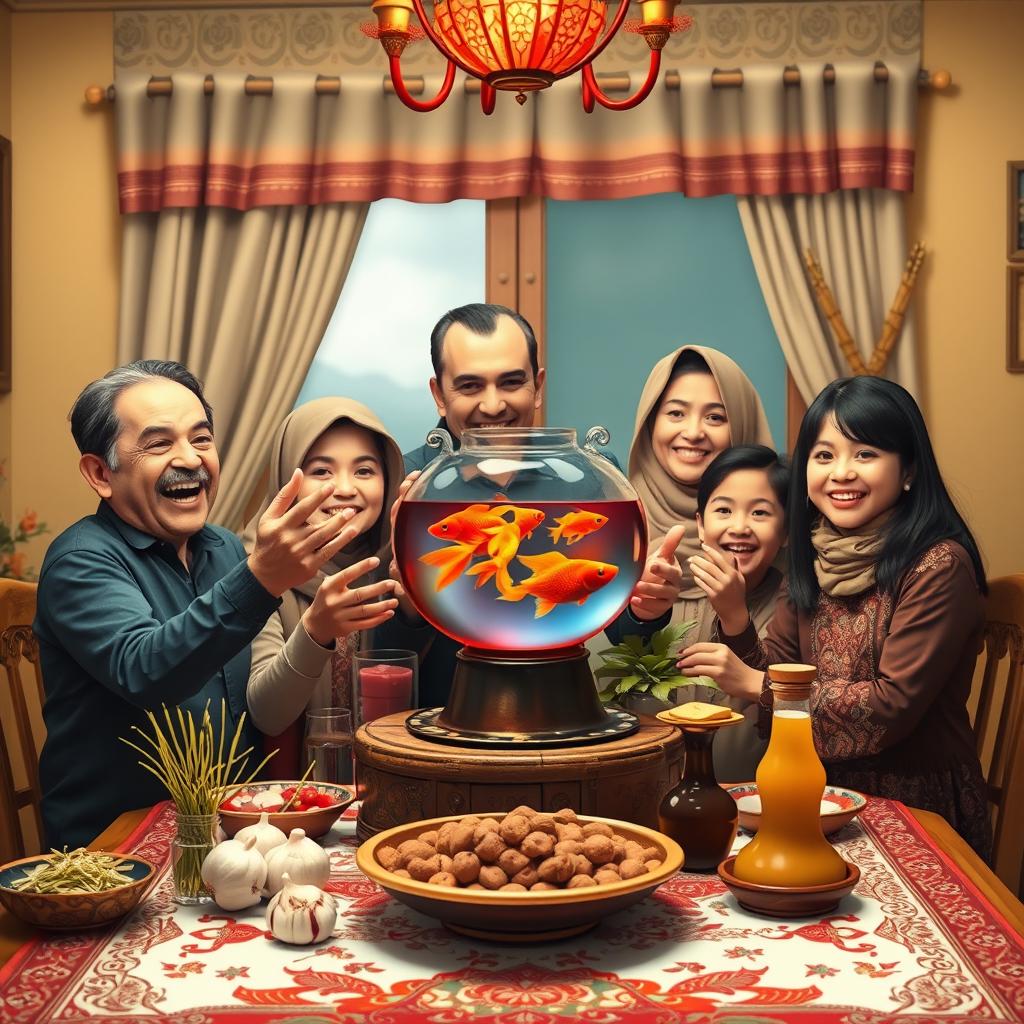 A joyful Iranian family gathered around a traditional Haft-Seen table during the Nowruz celebration, with a vibrant red fishbowl containing goldfish in their hands