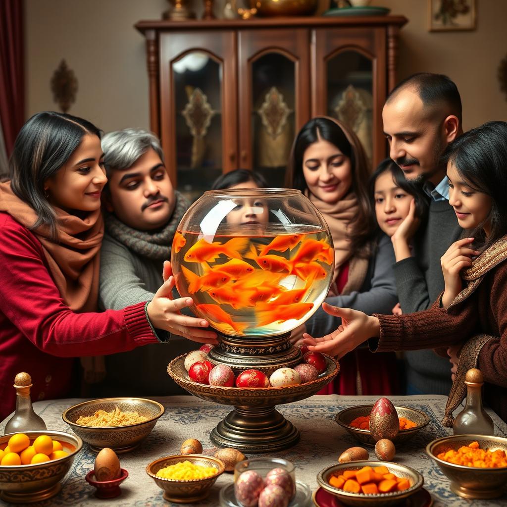 An Iranian family gathered around the traditional Haft-Seen table, a festive arrangement filled with symbolic items for the Persian New Year