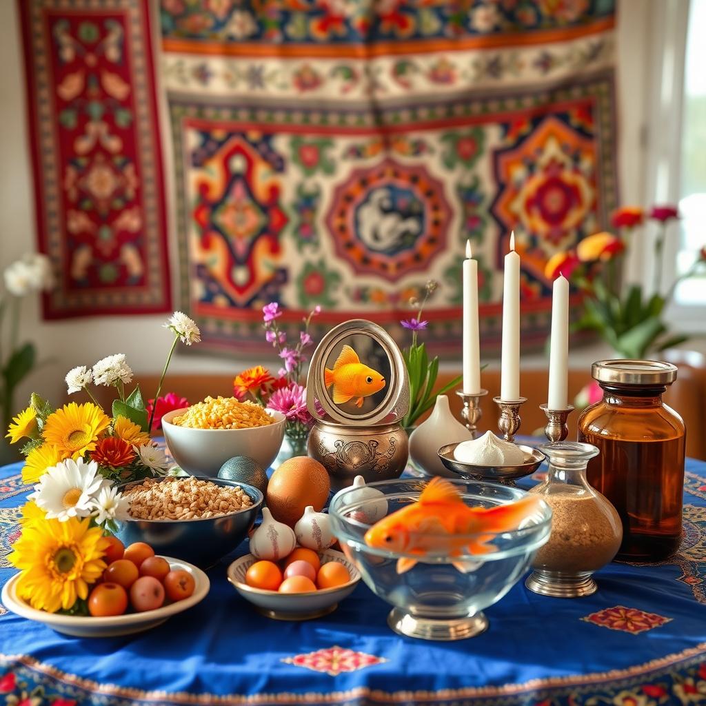 A vibrant and colorful display of the traditional Iranian Haft-Seen table for Nowruz (Persian New Year), featuring seven symbolic items: Sabzeh (sprouted wheat or lentils), Samanu (sweet pudding), Senjed (dried fruit), Seer (garlic), Seeb (apple), Somagh (sumac), and Serkeh (vinegar)