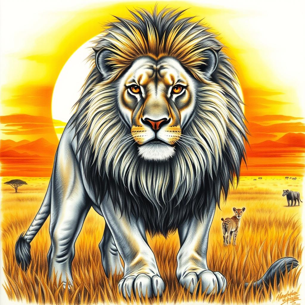 A highly detailed and beautifully executed drawing of a majestic lion, showcasing its magnificent mane, piercing eyes, and regal presence