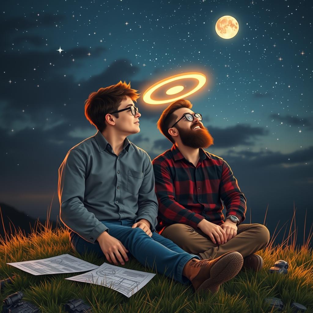 Two engineering friends, one with glasses and the other with a beard, sitting together on a grassy hilltop, gazing at the sky filled with twinkling stars