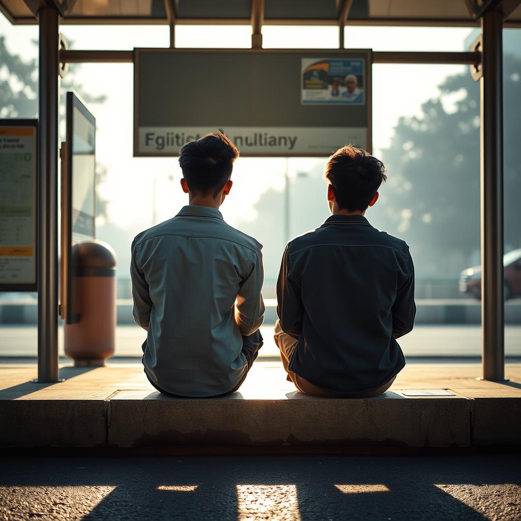 Two teenage Indian engineering students, viewed from behind, sitting at a bus stop